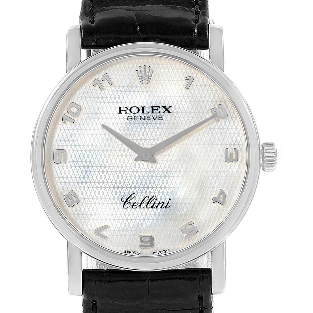 The Rolex Cellini 5115 Men's White Gold Mother of Pearl Dial 5115 Men's White Gold Mother of Pearl Dial watch is shown from a front angle, displaying its dial, hour markers, hands, and part of the strap.