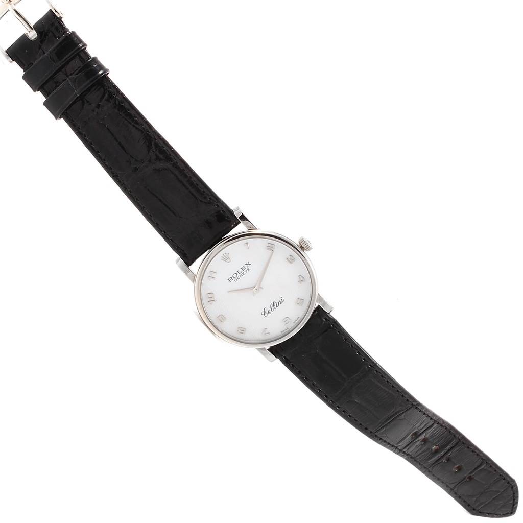 The image shows a Rolex Cellini 5115 Men's White Gold Mother of Pearl Dial 5115 Men's White Gold Mother of Pearl Dial watch from a top-down angle, displaying the full face, dial, and leather strap.