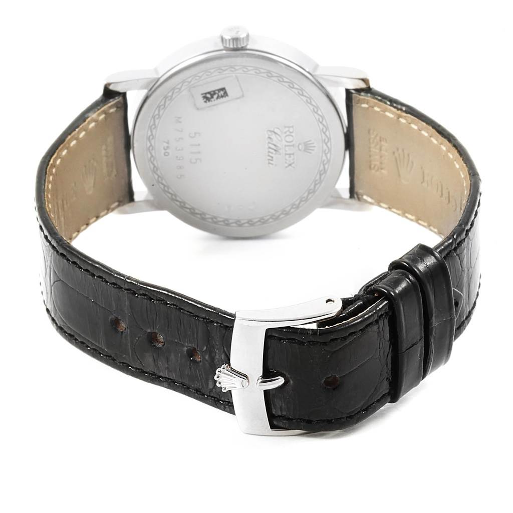 The image shows the back case and leather strap of a Rolex Cellini 5115 Men's White Gold Mother of Pearl Dial 5115 Men's White Gold Mother of Pearl Dial watch, highlighting the buckle and back case details.