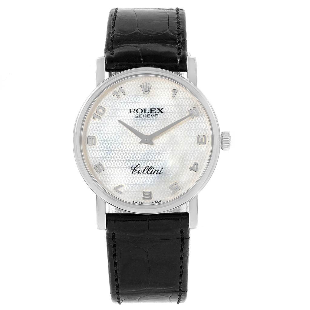 This image shows a front view of the Rolex Cellini 5115 Men's White Gold Mother of Pearl Dial 5115 Men's White Gold Mother of Pearl Dial watch, displaying the dial, case, and leather strap.