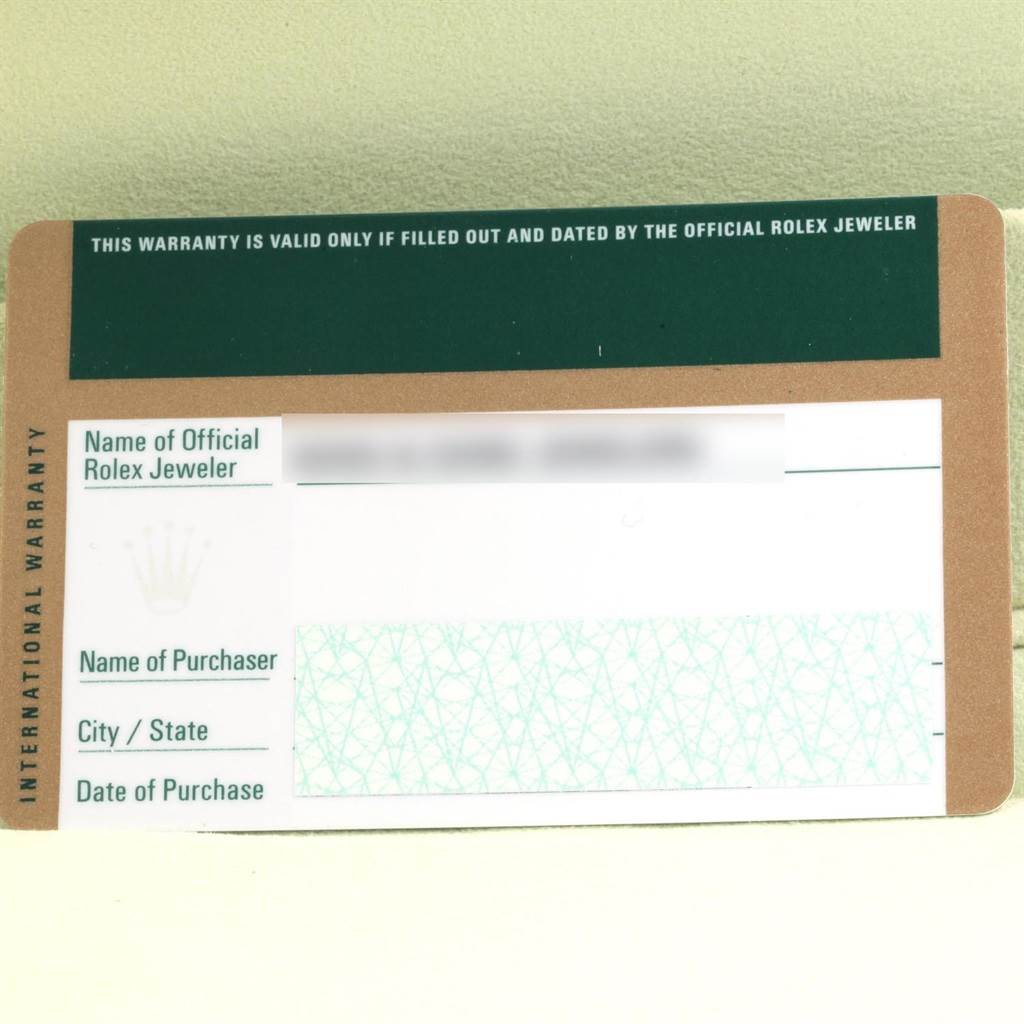 The image shows an international warranty card for a Rolex Cellini 5115 Men's White Gold Mother of Pearl Dial 5115 Men's White Gold Mother of Pearl Dial watch, viewed from the front.