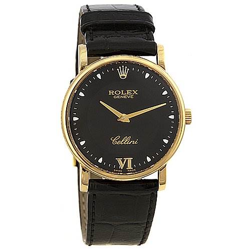 The Rolex Cellini 5115 Yellow Gold Black Dial 5115 Yellow Gold Black Dial watch is shown from the front, displaying the face, hands, crown, and leather strap.
