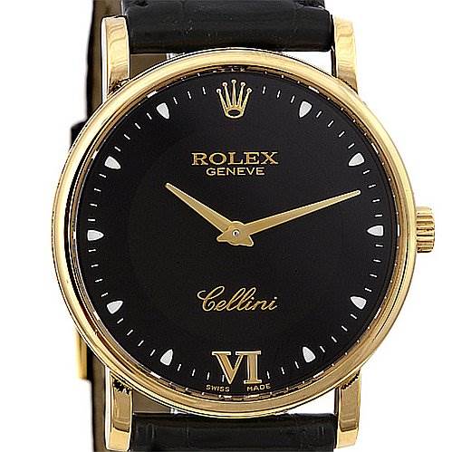 This image shows a Rolex Cellini 5115 Yellow Gold Black Dial 5115 Yellow Gold Black Dial watch from a front angle, displaying the black dial, gold hands, and gold case.