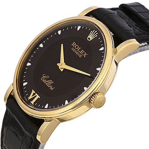 This image shows a side angle of the Rolex Cellini 5115 Yellow Gold Black Dial 5115 Yellow Gold Black Dial watch, highlighting the black dial, gold case, crown, and black leather strap.