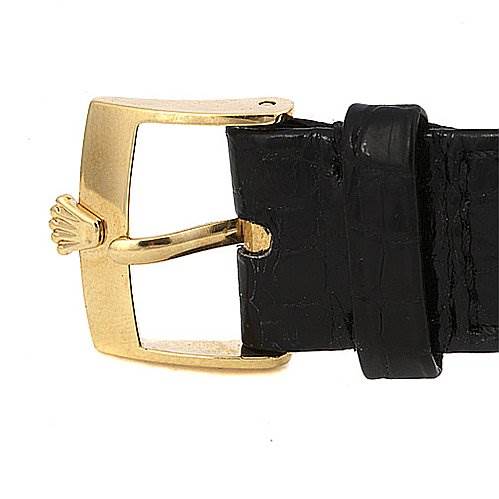 The image shows a close-up of the buckle and strap of a Rolex Cellini 5115 Yellow Gold Black Dial 5115 Yellow Gold Black Dial watch, highlighting the gold buckle and black leather strap.