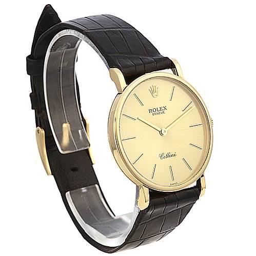 The image shows a side angle of the Rolex Cellini 5112 Yellow Gold Champagne Dial 5112 Yellow Gold Champagne Dial watch, highlighting its face, strap, and gold casing.