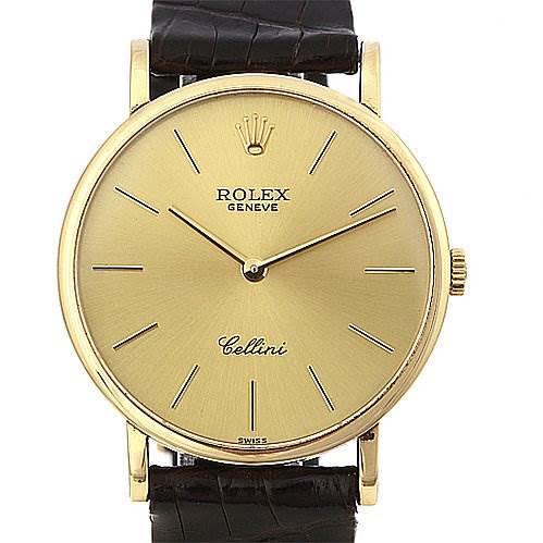 This image shows a front-angle view of a Rolex Cellini 5112 Yellow Gold Champagne Dial 5112 Yellow Gold Champagne Dial watch, highlighting the dial, hands, and leather strap.
