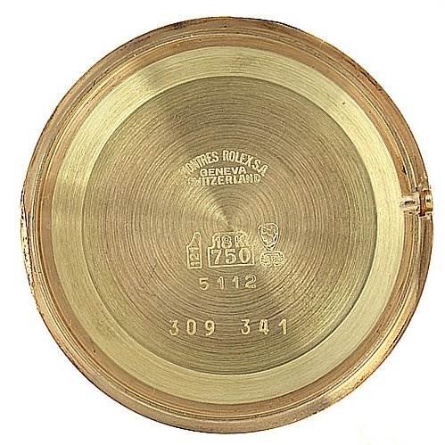 The image shows the inside of the case back of a Rolex Cellini 5112 Yellow Gold Champagne Dial 5112 Yellow Gold Champagne Dial model, engraved with "ROLEX", "GENEVA", and other specifications.