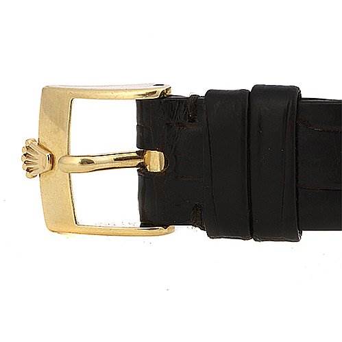 This image displays a side view of the leather strap and gold buckle of a Rolex Cellini 5112 Yellow Gold Champagne Dial 5112 Yellow Gold Champagne Dial watch.