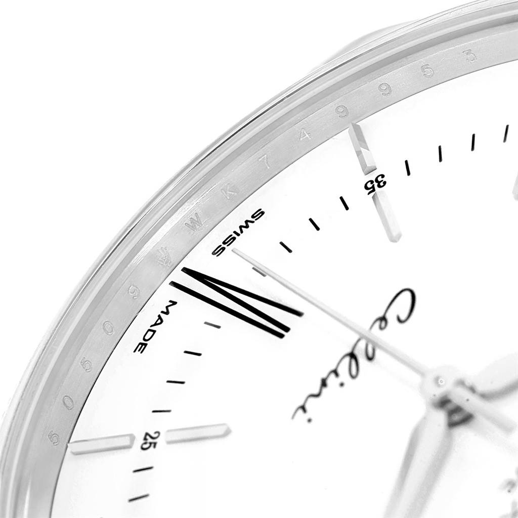 The image shows a close-up of the dial on a Rolex Cellini 50509 Men
s White Gold White Dial 50509 Men
s White Gold White Dial watch, focusing on the brand markings and part of the hands.