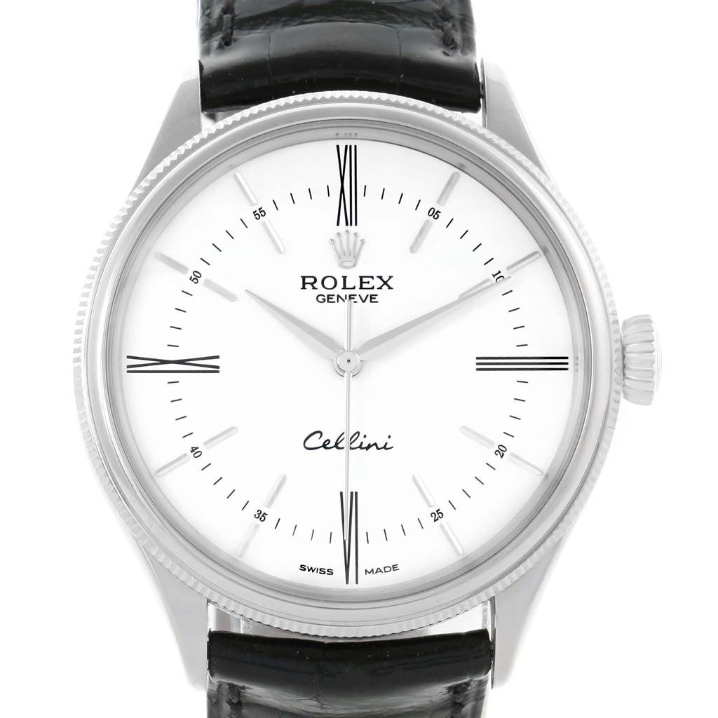 The Rolex Cellini 50509 Men
s White Gold White Dial 50509 Men
s White Gold White Dial watch is shown from a front angle, showcasing its white dial, silver hands, and black leather strap.