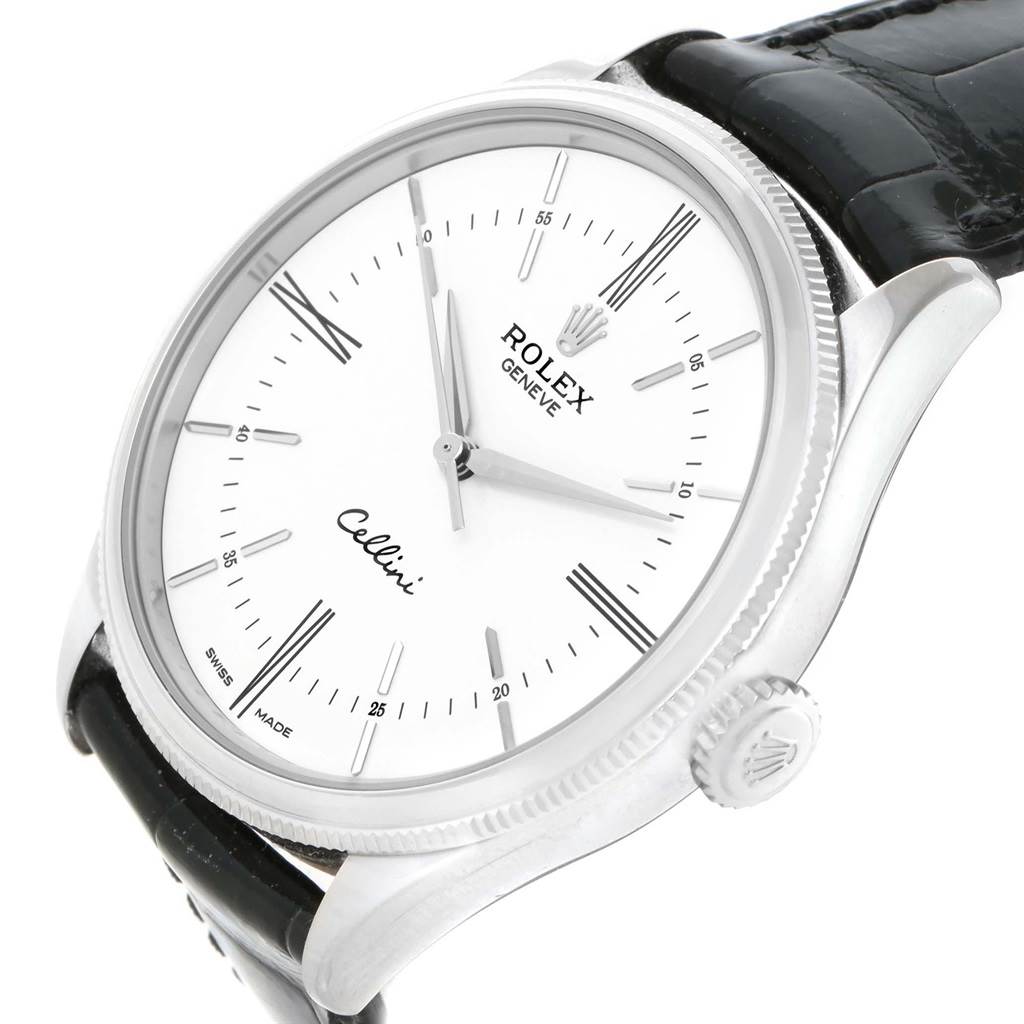 The image shows a close-up, angled view of the face and bezel of a Rolex Cellini 50509 Men
s White Gold White Dial 50509 Men
s White Gold White Dial watch with a black leather strap.