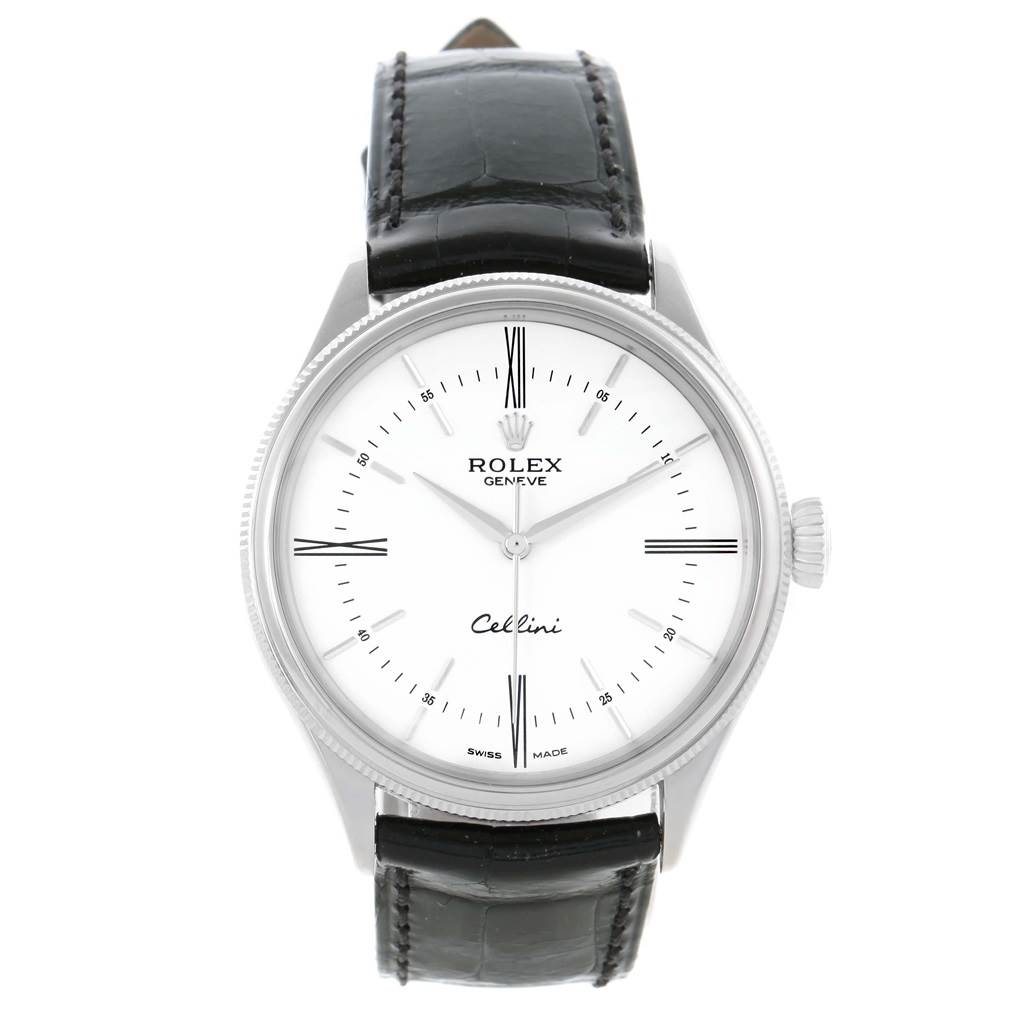 The image shows a front view of a Rolex Cellini 50509 Men
s White Gold White Dial 50509 Men
s White Gold White Dial watch, featuring its white dial, Roman numerals, and black leather strap.