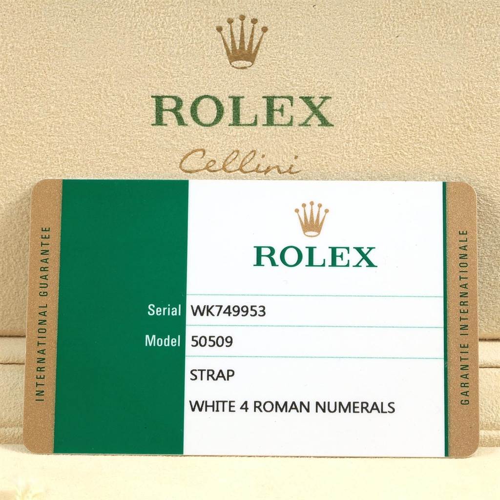 The image shows a Rolex Cellini 50509 Men
s White Gold White Dial 50509 Men
s White Gold White Dial international guarantee card with the model number 50509 and the serial number WK749953.