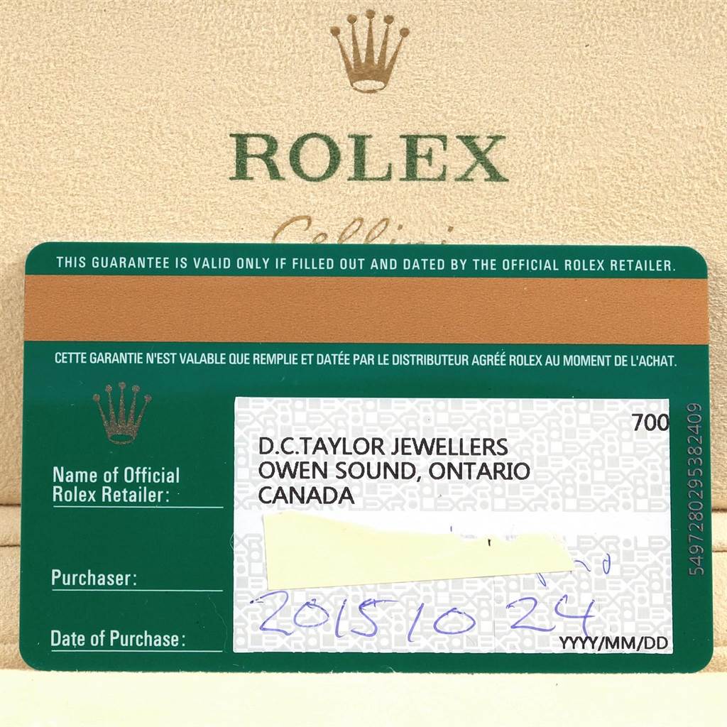 The image shows a warranty card for a Rolex Cellini 50509 Men
s White Gold White Dial 50509 Men
s White Gold White Dial model watch, along with its holder.