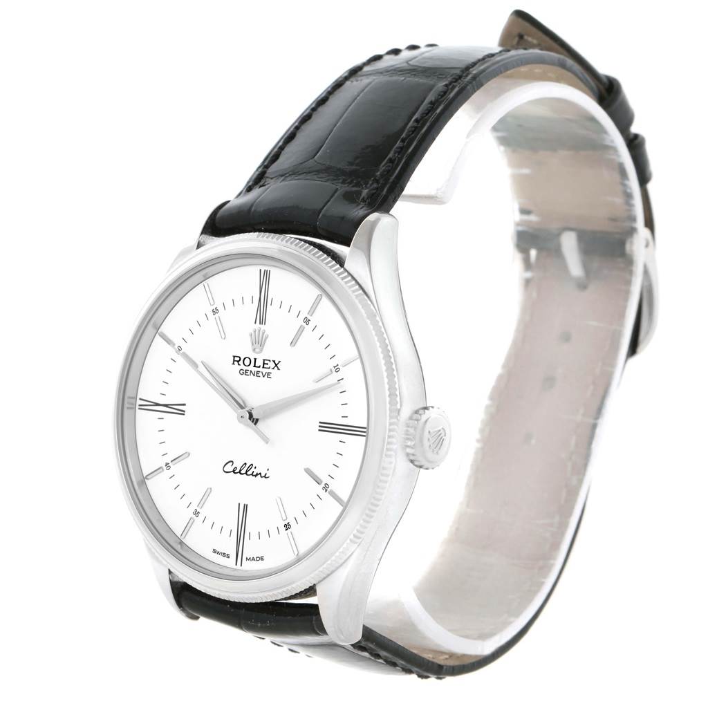 The Rolex Cellini 50509 Men
s White Gold White Dial 50509 Men
s White Gold White Dial watch is shown at a three-quarter angle, highlighting the dial, case, crown, and leather strap.