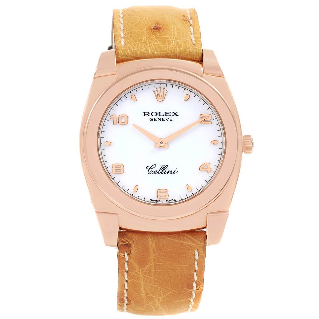 This image shows a Rolex Cellini 5330 Men
s Rose Gold White Dial 5330 Men
s Rose Gold White Dial watch from a front angle, highlighting its face, case, and leather strap.