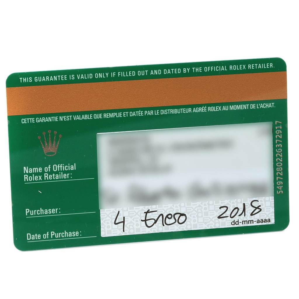 This image shows a close-up of the official guarantee card for the Rolex Cellini 5330 Men
s Rose Gold White Dial 5330 Men
s Rose Gold White Dial model watch.