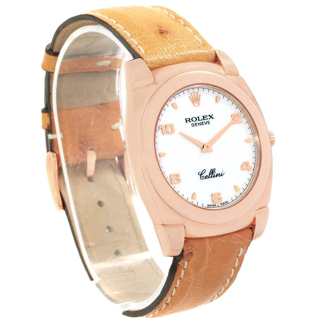 The image shows a Rolex Cellini 5330 Men
s Rose Gold White Dial 5330 Men
s Rose Gold White Dial model watch angled slightly from the front, highlighting the face, case, and leather strap.