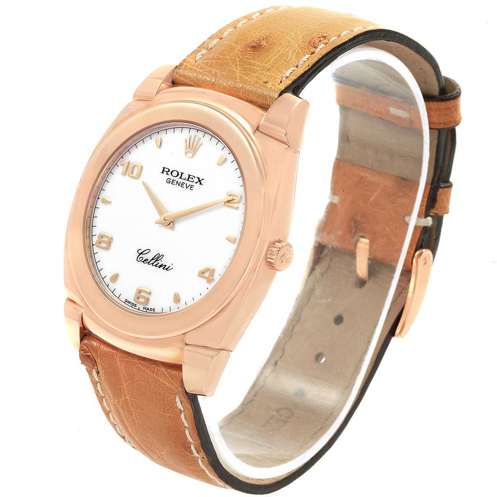 This image shows a Rolex Cellini 5330 Men
s Rose Gold White Dial 5330 Men
s Rose Gold White Dial watch from a front angle, highlighting the watch face, crown, case, and leather strap.