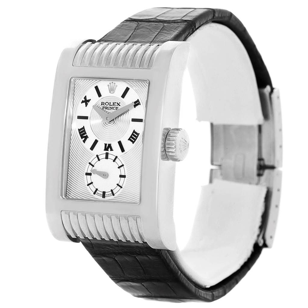 The image shows a Rolex Cellini 5441 Men
s White Gold Silver Dial 5441 Men
s White Gold Silver Dial Prince model watch at a slight angle, highlighting its rectangular dial and leather strap.