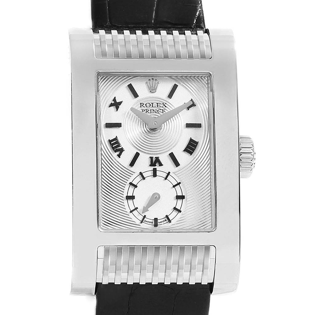 The image shows a front view of a Rolex Cellini 5441 Men
s White Gold Silver Dial 5441 Men
s White Gold Silver Dial model watch, highlighting its rectangular face, Roman numerals, and leather strap.