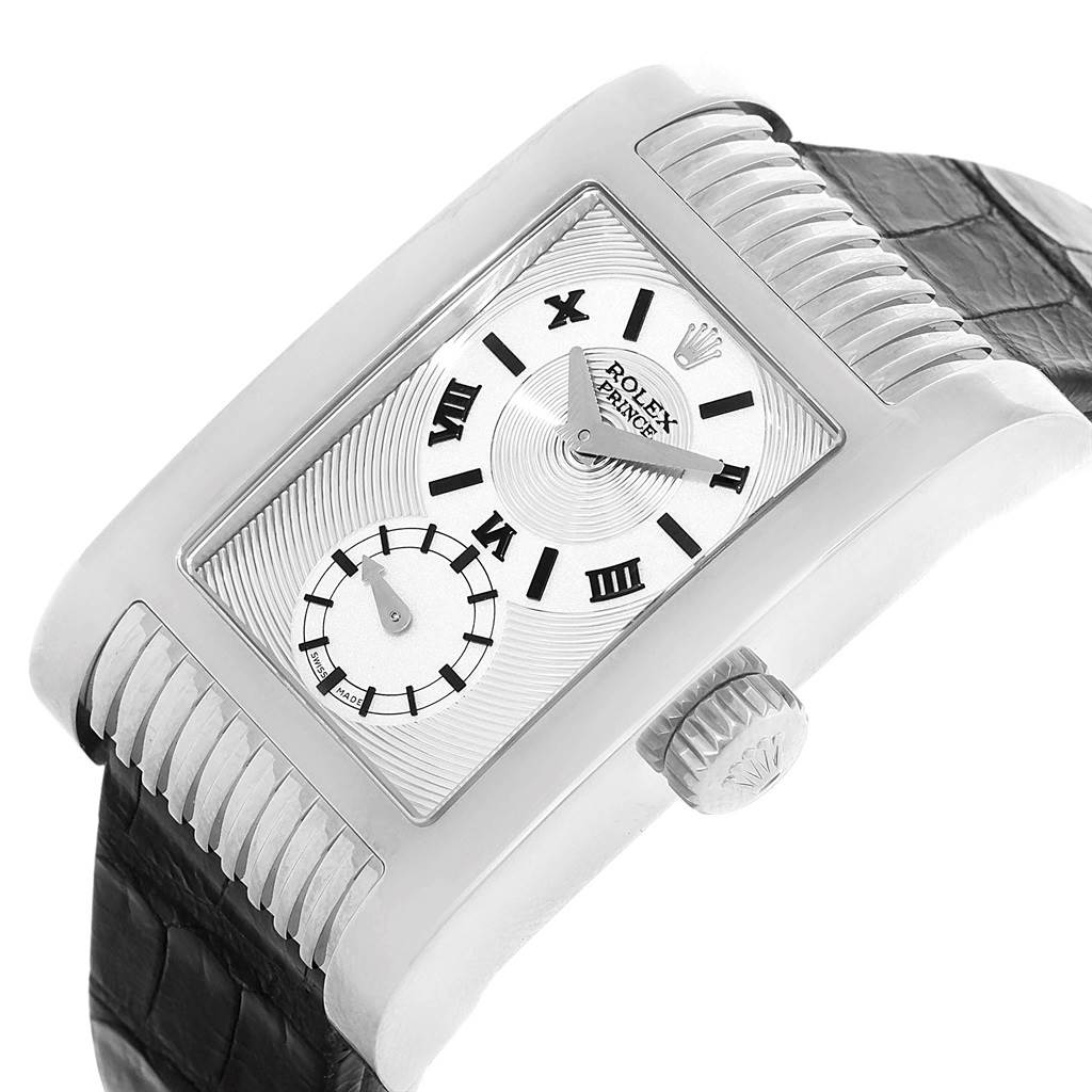 This image shows a close-up, angled view of the Rolex Cellini 5441 Men
s White Gold Silver Dial 5441 Men
s White Gold Silver Dial watch, displaying the dial, crown, and partial strap.