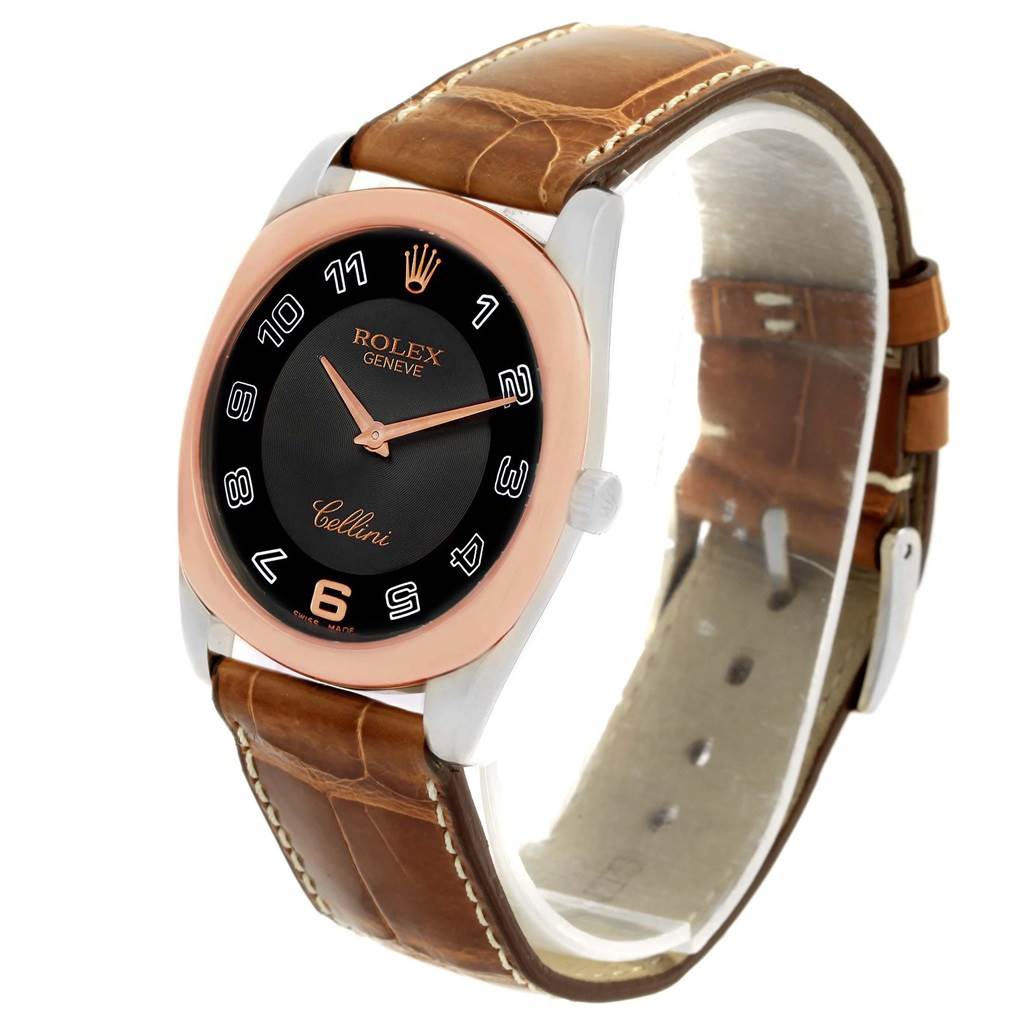 The image shows a Rolex Cellini 4233 Men's White Gold Black Dial 4233 Men's White Gold Black Dial watch from a front angle, highlighting its dial, rose gold bezel, and brown leather strap.