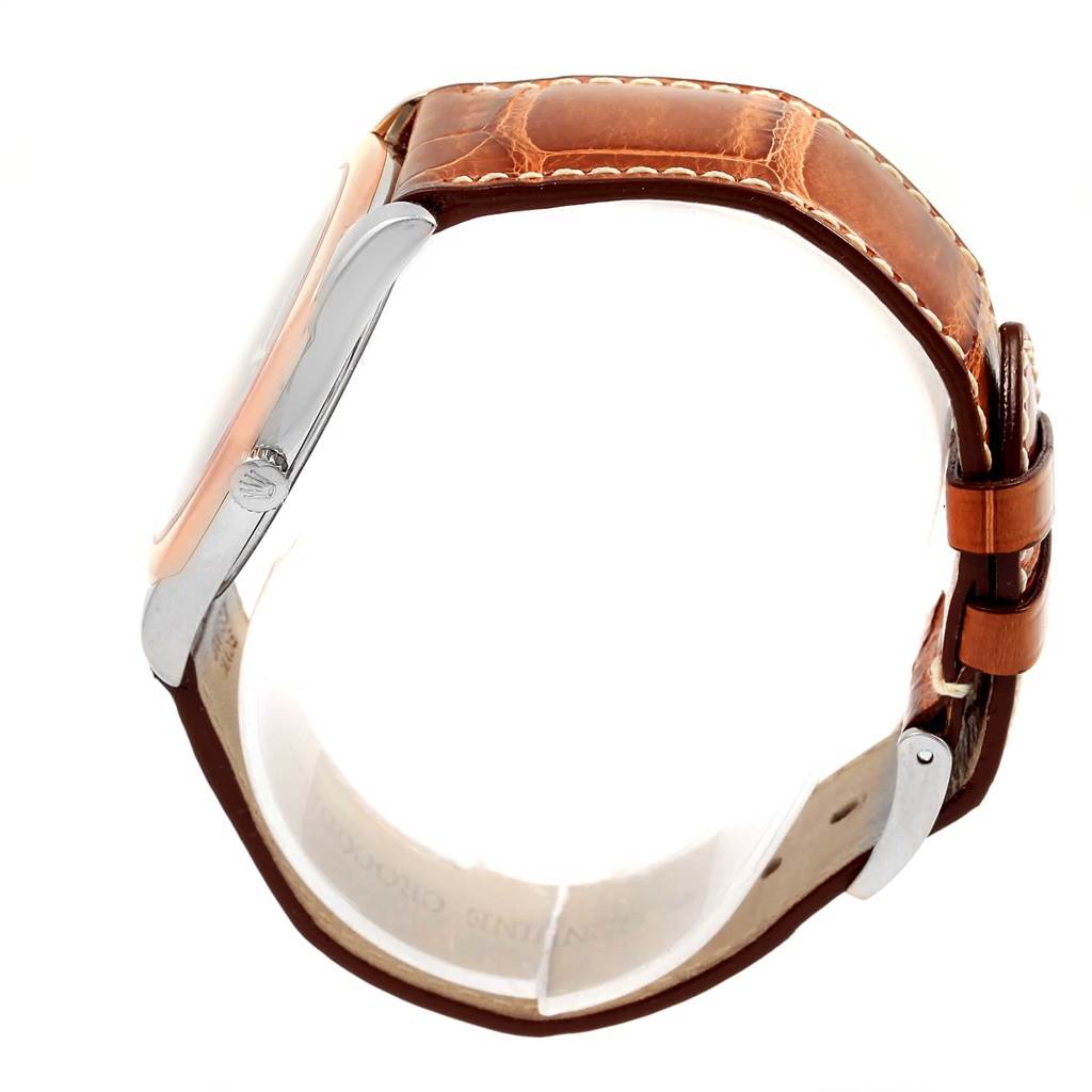 This image shows the Rolex Cellini 4233 Men's White Gold Black Dial 4233 Men's White Gold Black Dial watch from a side view, highlighting the case, crown, and leather strap.