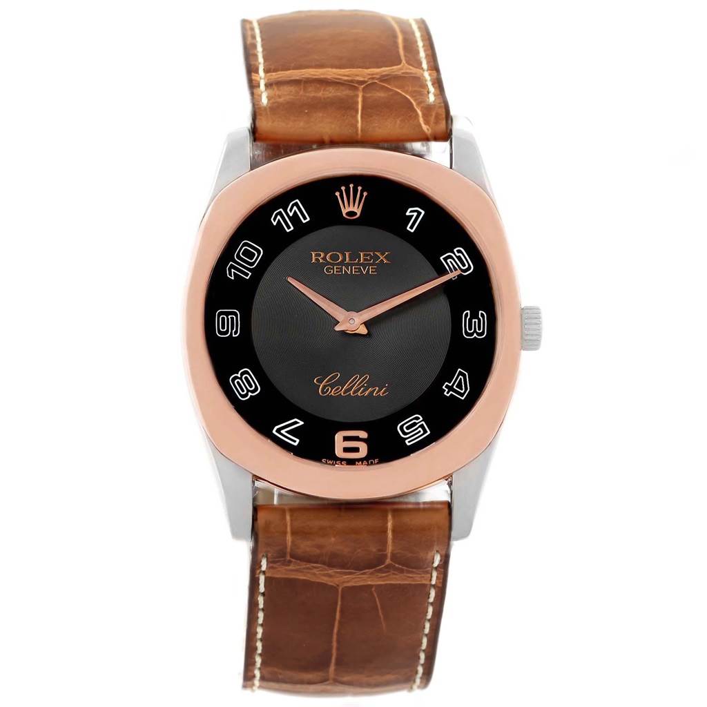 The image shows a frontal view of a Rolex Cellini 4233 Men's White Gold Black Dial 4233 Men's White Gold Black Dial watch with a brown leather strap and rose gold accents.