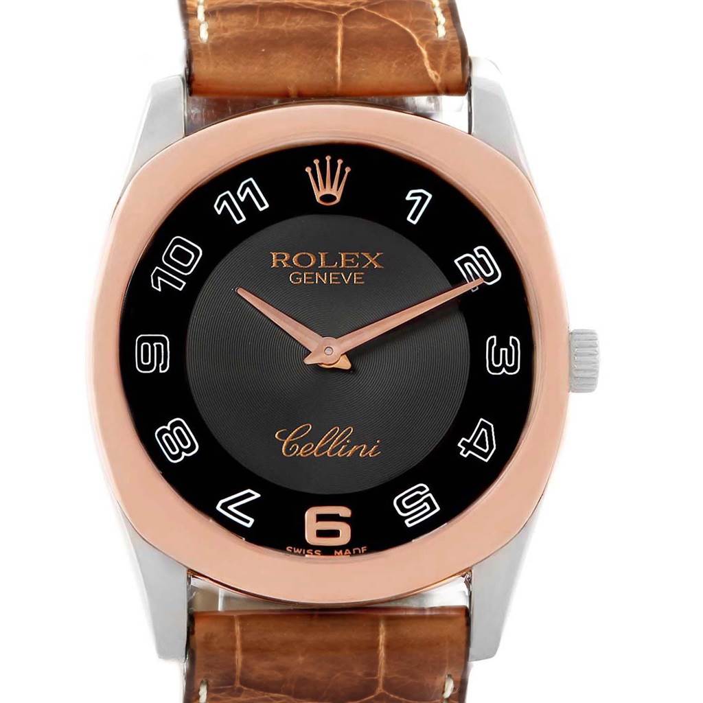 The Rolex Cellini 4233 Men's White Gold Black Dial 4233 Men's White Gold Black Dial watch is shown from a front angle, featuring a black dial, rose gold bezel, and brown leather strap.