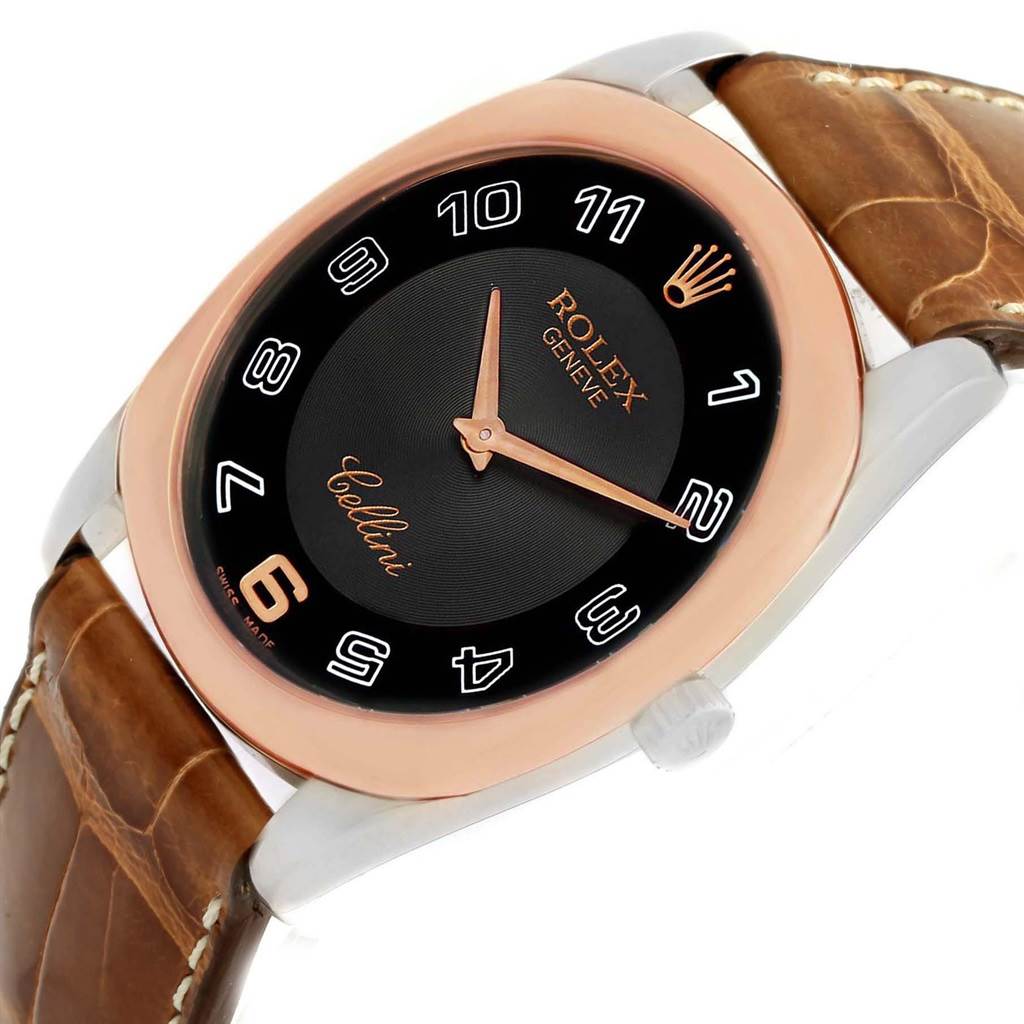 The image shows a Rolex Cellini 4233 Men's White Gold Black Dial 4233 Men's White Gold Black Dial model watch at an angled view, highlighting its face, casing, and leather strap.