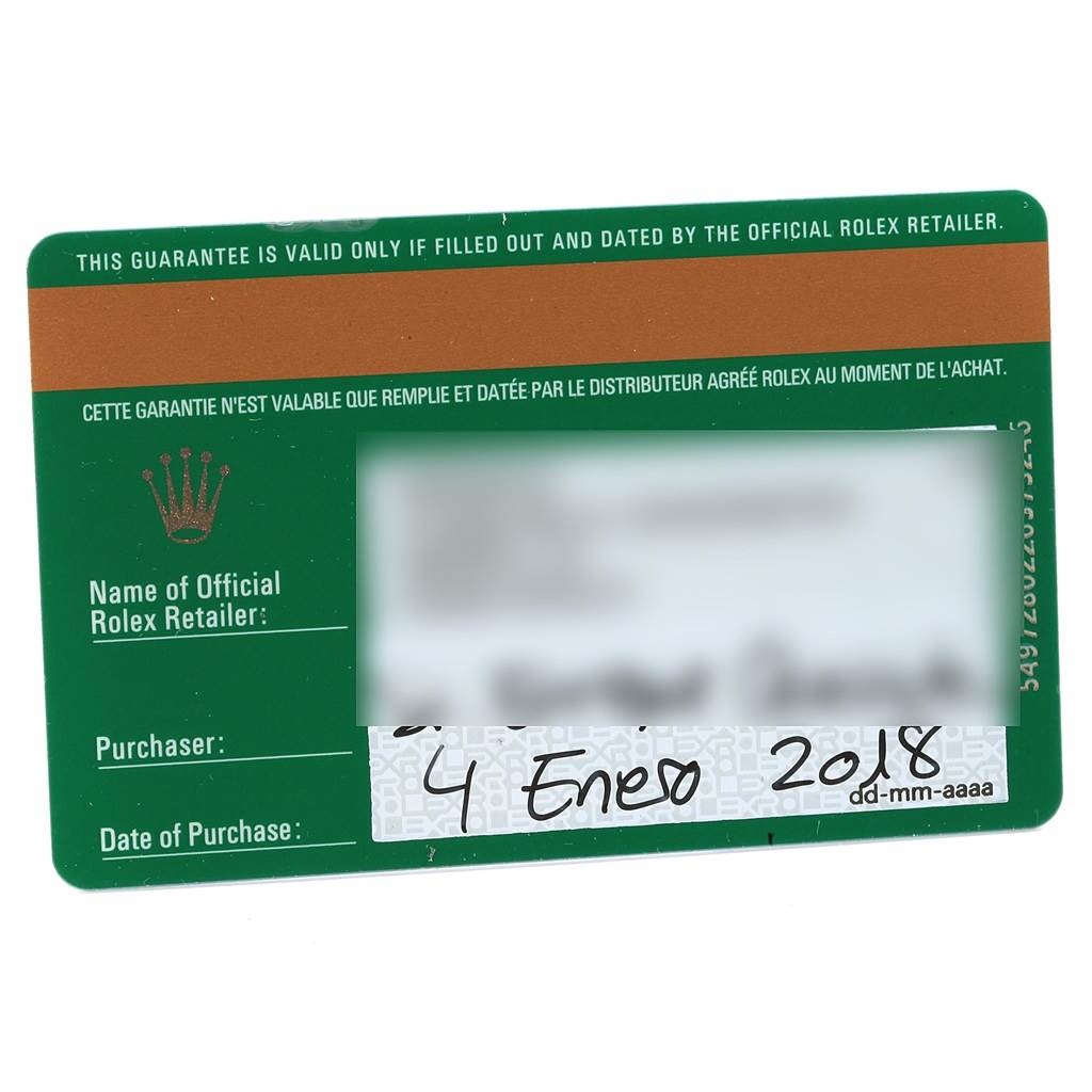 The image shows the official guarantee card for a Rolex Cellini 4233 Men's White Gold Black Dial 4233 Men's White Gold Black Dial watch, displaying purchase and retailer details.