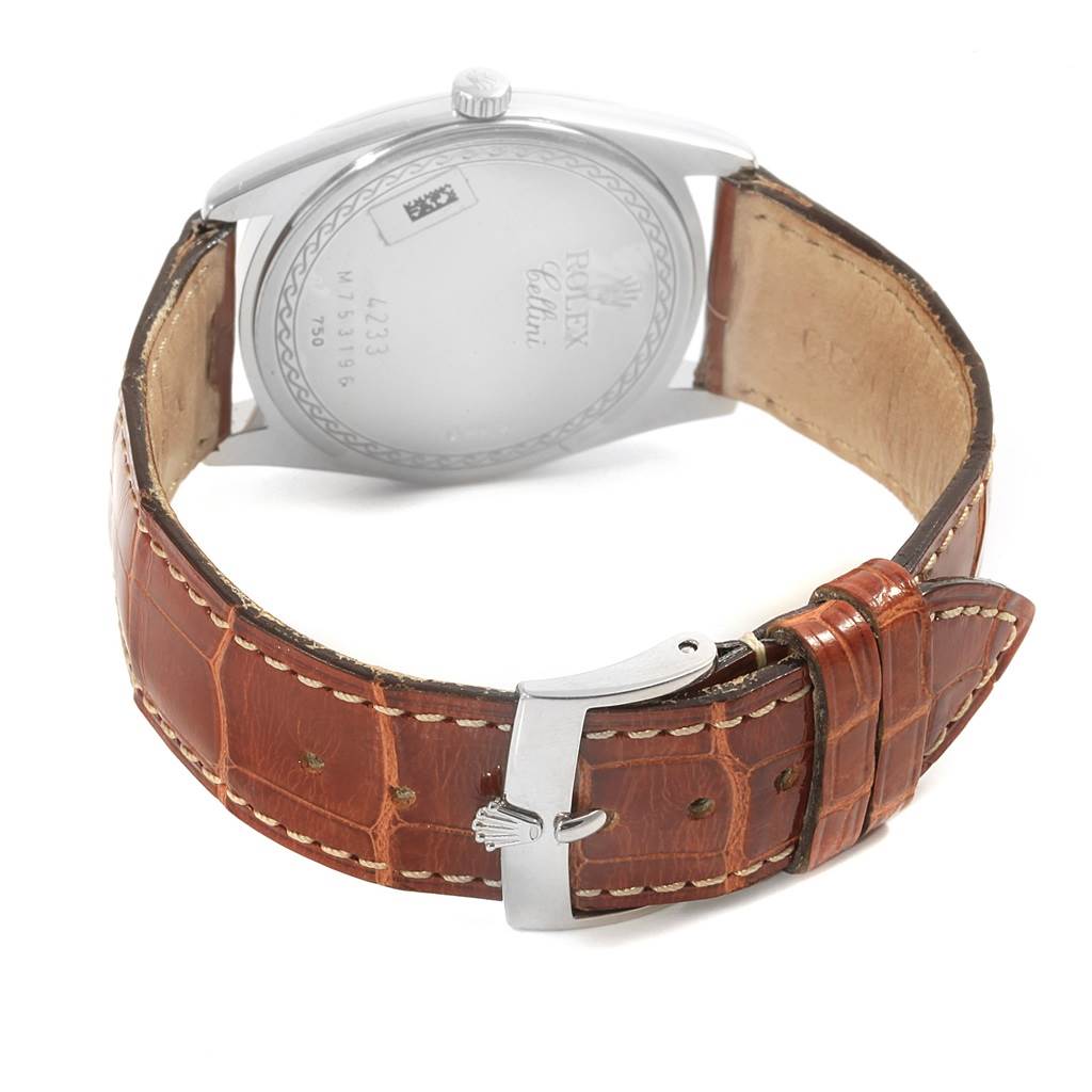 The image shows the back case and leather strap of a Rolex Cellini 4233 Men's White Gold Black Dial 4233 Men's White Gold Black Dial watch from a rear angle.