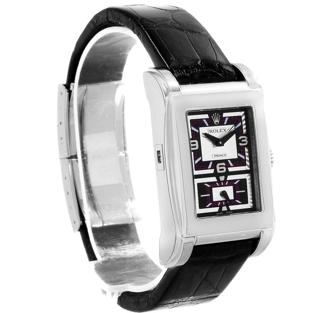 The Rolex Cellini 5443/9 Men
s White Gold Black Dial 5443/9 Men
s White Gold Black Dial watch is shown at a three-quarter angle, displaying the face, case, and black leather strap.