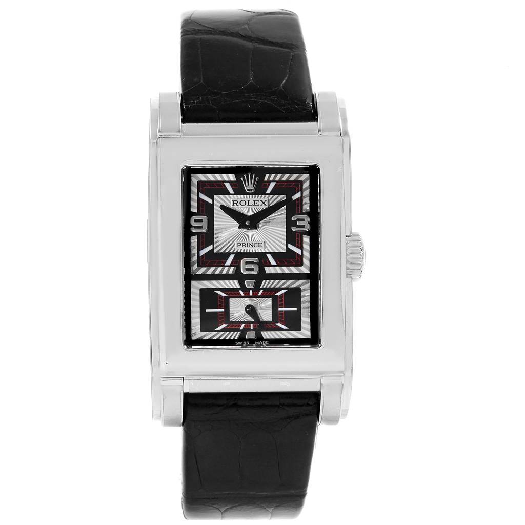 The Rolex Cellini 5443/9 Men
s White Gold Black Dial 5443/9 Men
s White Gold Black Dial watch is shown from a front angle, displaying its rectangular dial and black leather strap.