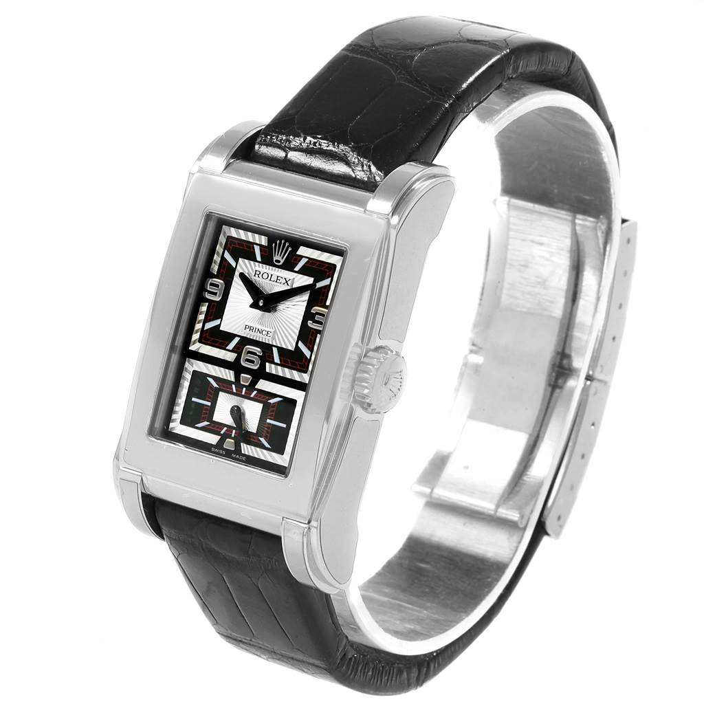 The image shows a Rolex Cellini 5443/9 Men
s White Gold Black Dial 5443/9 Men
s White Gold Black Dial watch at a slight angle, highlighting the face, crown, and leather strap.