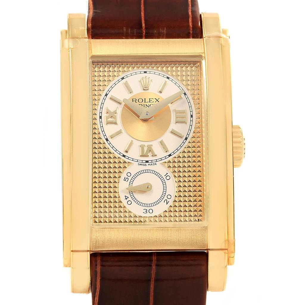The image shows a front view of a Rolex Cellini 5440/8 Men's Yellow Gold Champagne Dial 5440/8 Men's Yellow Gold Champagne Dial watch with a rectangular face, gold case, and brown leather strap.