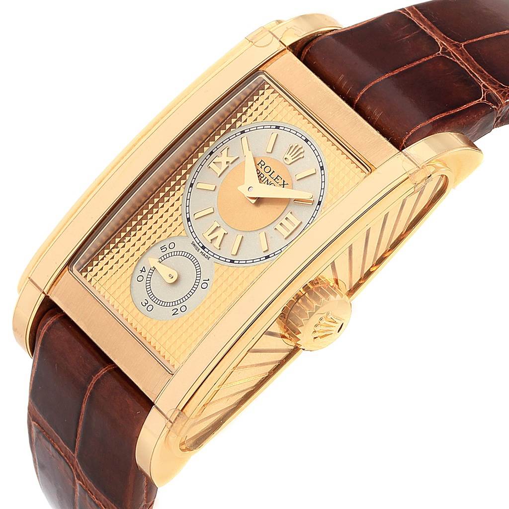 The image shows a close-up, slightly angled view of the Rolex Cellini 5440/8 Men's Yellow Gold Champagne Dial 5440/8 Men's Yellow Gold Champagne Dial watch, highlighting the dial, crown, and leather strap.
