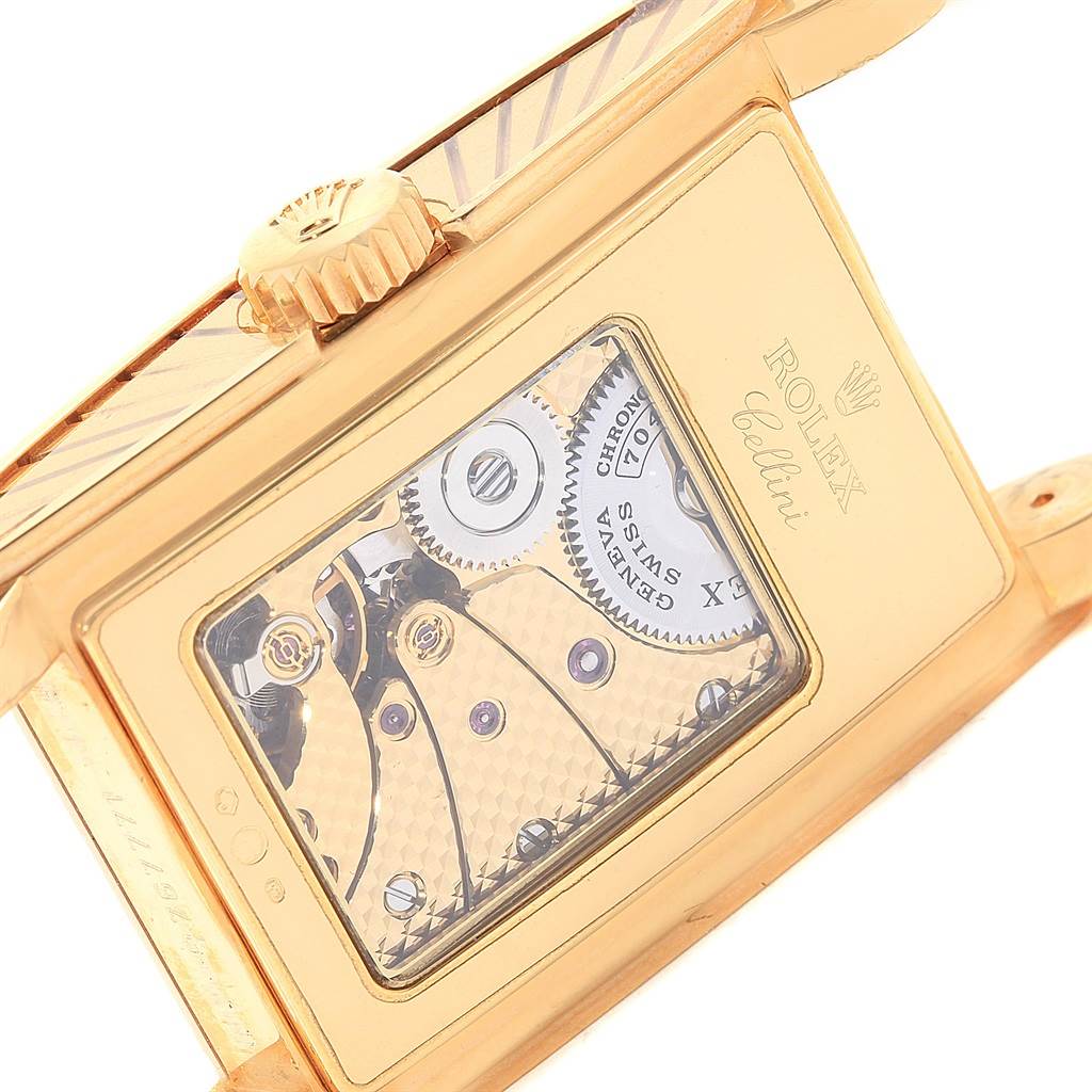 The image shows the back and side of a Rolex Cellini 5440/8 Men's Yellow Gold Champagne Dial 5440/8 Men's Yellow Gold Champagne Dial watch, highlighting its internal mechanisms through a transparent case back.