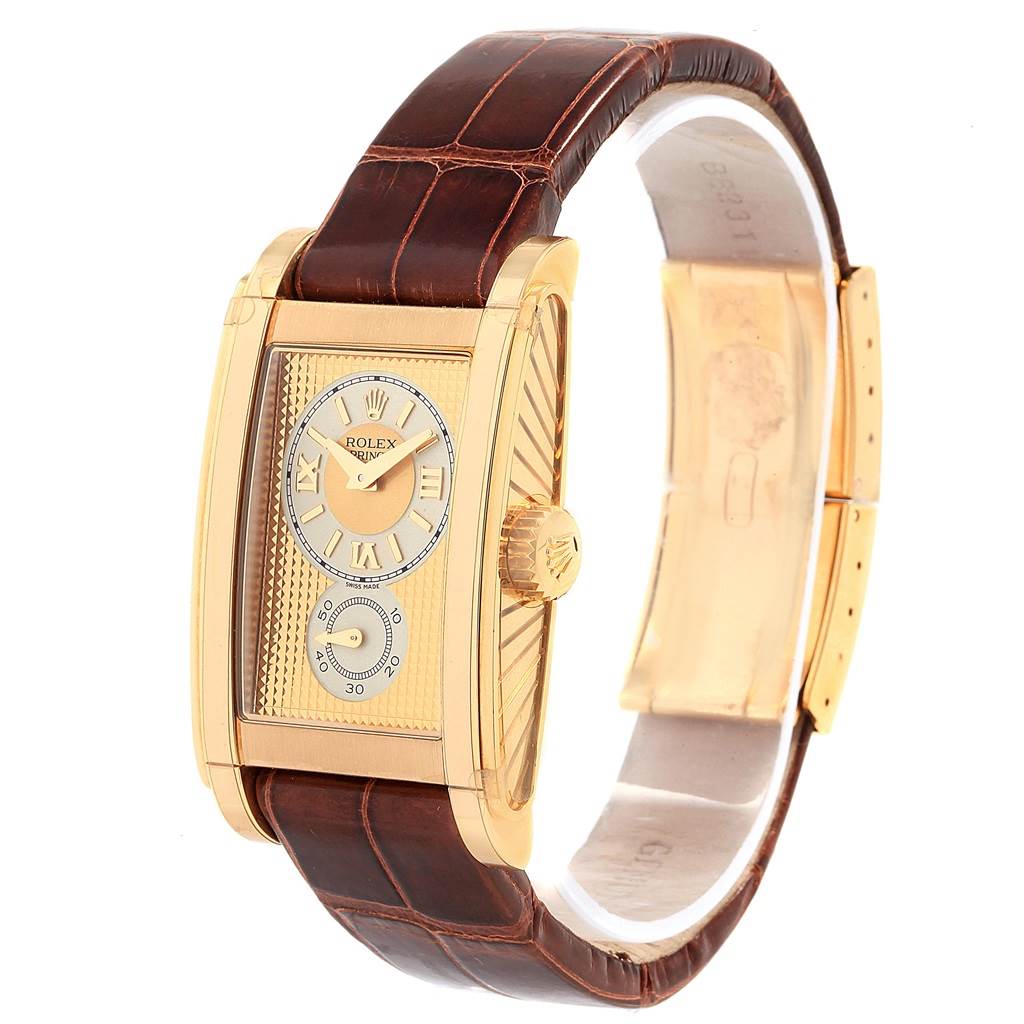 This image shows a Rolex Cellini 5440/8 Men's Yellow Gold Champagne Dial 5440/8 Men's Yellow Gold Champagne Dial watch from a front angle, highlighting its dial, crown, case, and leather strap.