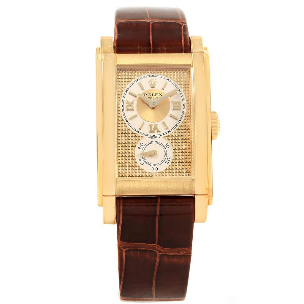 The Rolex Cellini 5440/8 Men's Yellow Gold Champagne Dial 5440/8 Men's Yellow Gold Champagne Dial watch is shown from the front, displaying its dial, brown leather strap, and gold rectangular case.