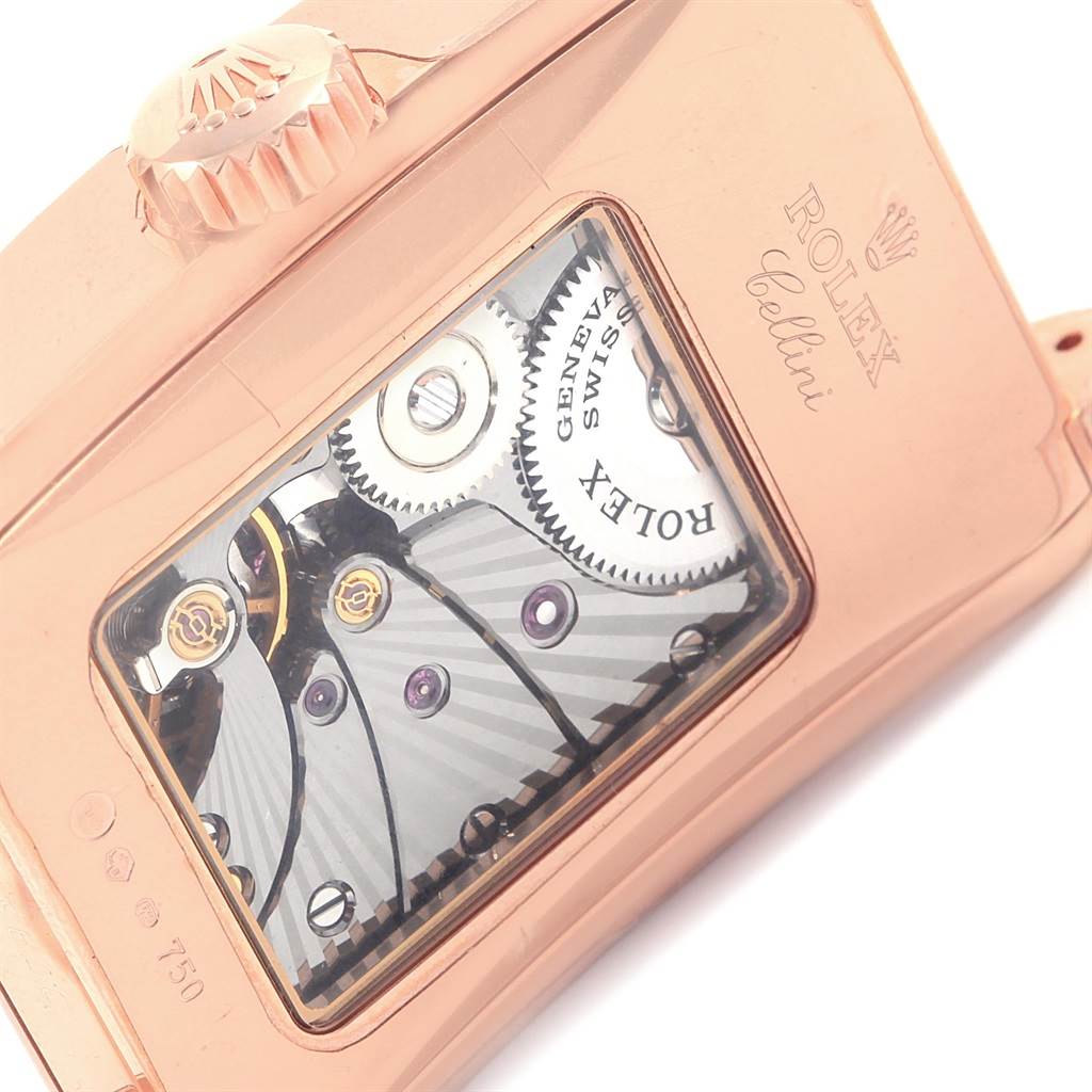 The image shows the back view of a Rolex Cellini 5442/5 Men's Rose Gold Black Dial 5442/5 Men's Rose Gold Black Dial watch, focusing on the exposed movement and detailing of the case.