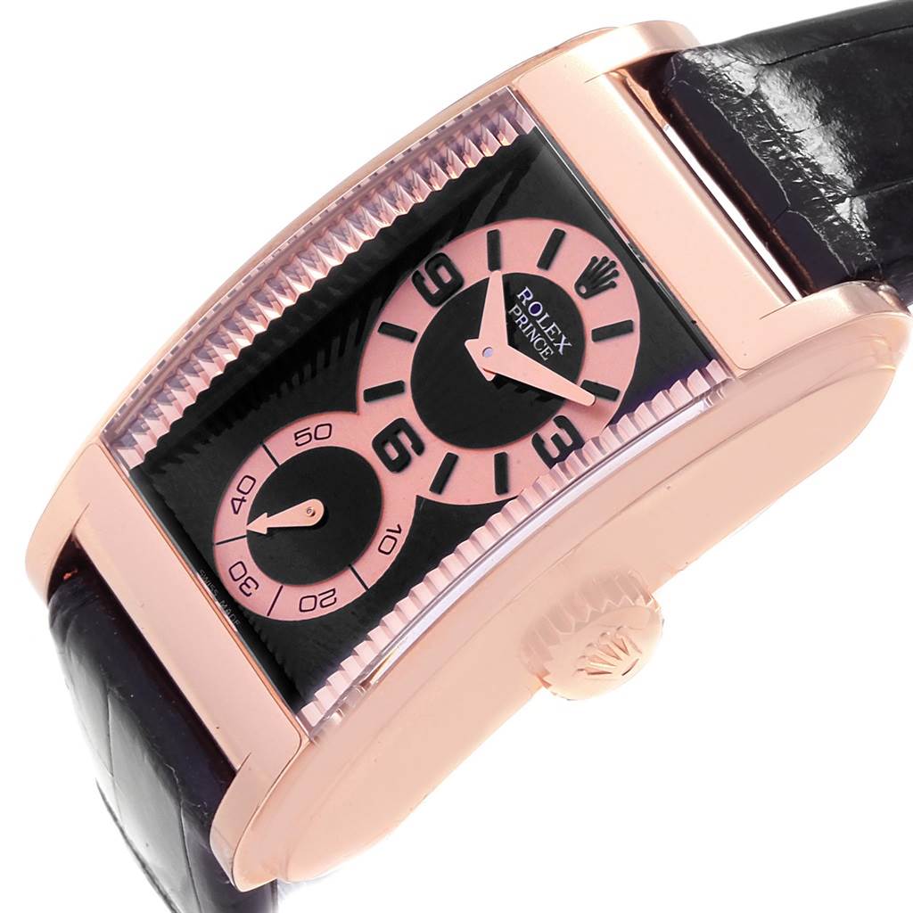 This image shows a side view of a Rolex Cellini 5442/5 Men's Rose Gold Black Dial 5442/5 Men's Rose Gold Black Dial model watch, highlighting the dial, crown, and part of the strap.