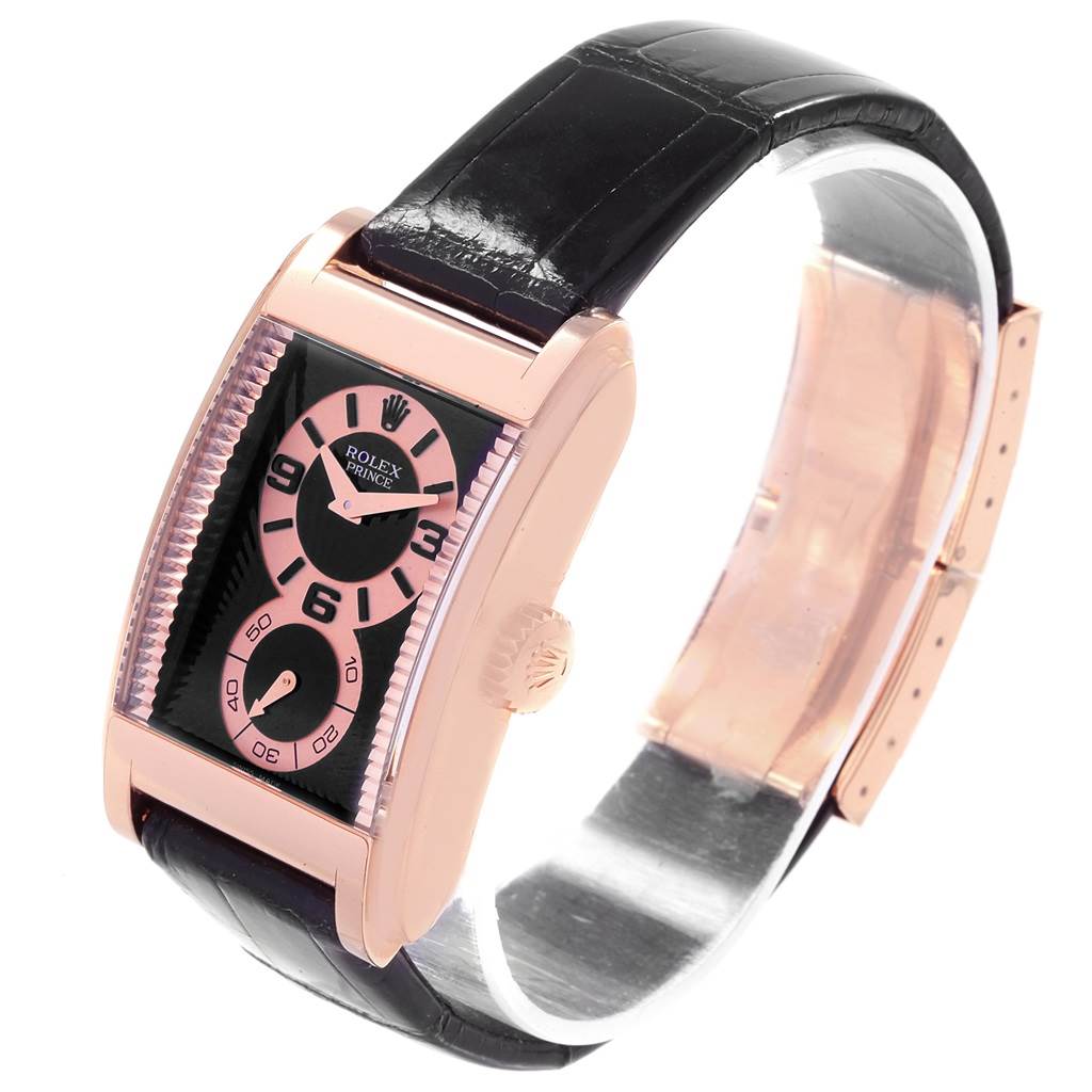 This image shows a side view of the Rolex Cellini 5442/5 Men's Rose Gold Black Dial 5442/5 Men's Rose Gold Black Dial Prince watch, highlighting its rectangular face, crown, and leather strap.
