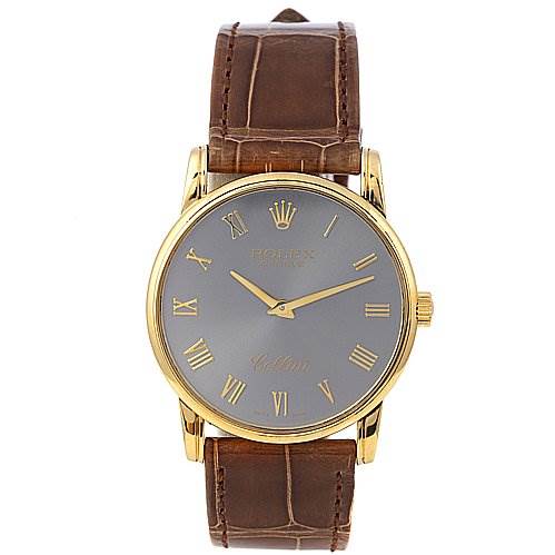 This image shows a front view of a Rolex Cellini 5116 Men's Yellow Gold Grey Dial 5116 Men's Yellow Gold Grey Dial watch with a gold case, brown leather strap, and Roman numerals on the dial.