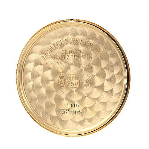 This image shows the inner case back of a Rolex Cellini 5116 Men's Yellow Gold Grey Dial 5116 Men's Yellow Gold Grey Dial watch, highlighting the engravings and metal texture.