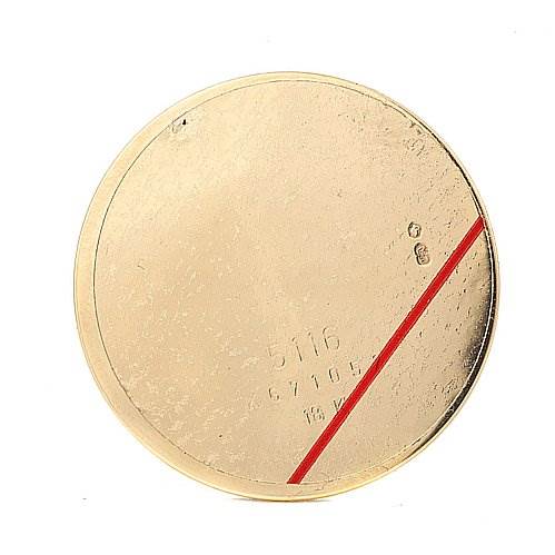 This image shows the back casing cover of a Rolex Cellini 5116 Men's Yellow Gold Grey Dial 5116 Men's Yellow Gold Grey Dial model, viewed from the inside, displaying model numbers and a red diagonal line.