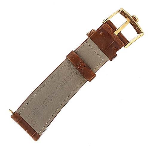 This image shows a full view of the leather strap and gold buckle accessory for a Rolex Cellini 5116 Men's Yellow Gold Grey Dial 5116 Men's Yellow Gold Grey Dial watch.