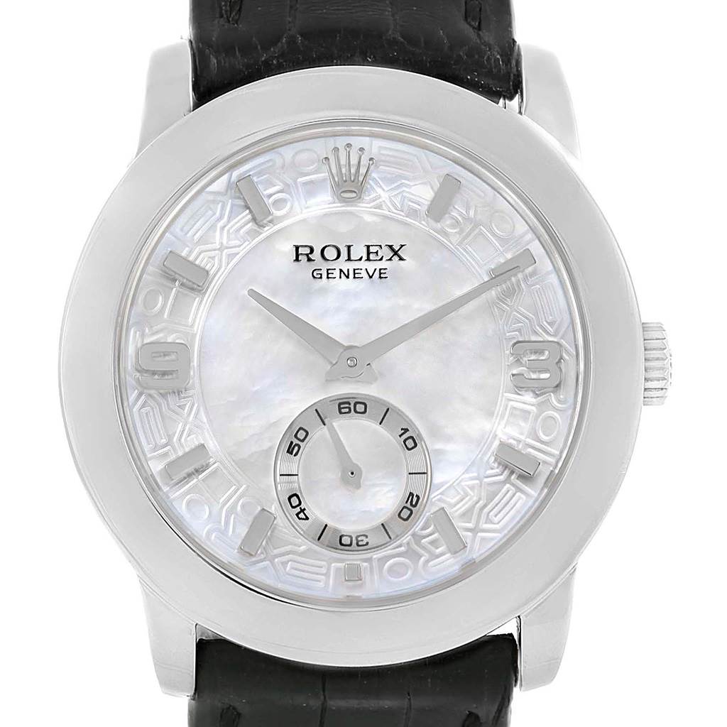 The image shows a front view of the Rolex Cellini 5240 Men's Platinum Mother of Pearl Dial 5240 Men's Platinum Mother of Pearl Dial watch, displaying its dial, hands, crown, and part of the leather strap.